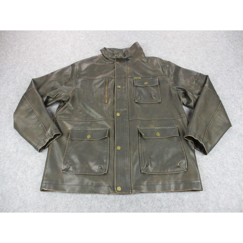 Ecko Unltd Jacket Mens Large Brown Faux Leather PVC Patina Utility Lined Coat